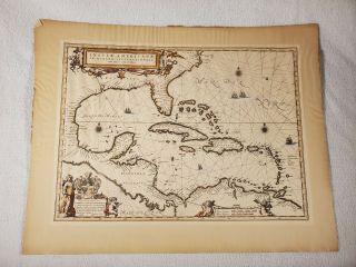 Antique 1635 Blaeu Map Florida Cuba West Indies Central America Virginia Mexico