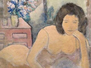 FRENCH MODERNIST OIL - SEMI NUDE LADY LAYING ON BED SOFT PASTEL SHADES OF COLOUR 3