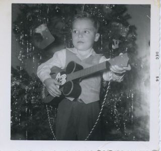Vintage Photo.  Boy At Christmas W/ Mattel Mickey Mouse Club " Mousegetar " Guitar.