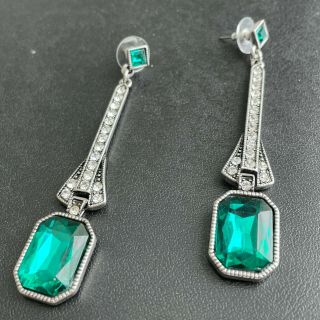 Vintage Style Art Deco Emerald Green & White Rhinestone Pierced Earrings 432