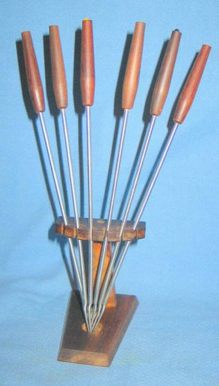 6 Vintage Mid Century Modern Rostfrei Stainless & Teak Fondue Forks With Stand