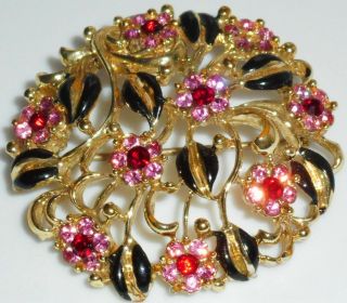 Vintage Coro Black Enameled Pink & Red Rhinestone Flower Brooch Pin