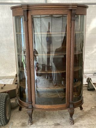 Antique Victorian Oak Curved Glass China Display Cabinet Claw Feet (c 1900)