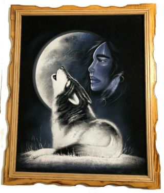 Vintage Mid Century Velvet Painting Native American Woman Wolf Moon Framed 18x22