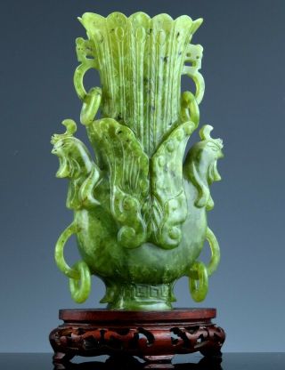 Fine Old Chinese Carved Green Jade Phoenix Bird Lotus Vase W Stand