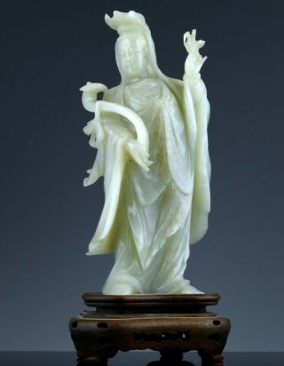 Finely Carved Chinese Celadon Jade Guanyin W Sceptre Figure Silver Wire Stand