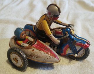 Vintage Style Tin Toy Motorcycle With Side Car Wind Up