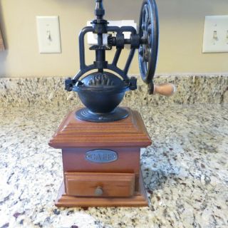 Vintage Heavy Cast Iron & Wood Hand Crank Coffee Grinder Mill With Drawer
