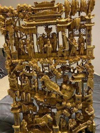 Antique Chinese Carved & Gold Gilt Wood Old Carved Wood Openwork 3d Panel