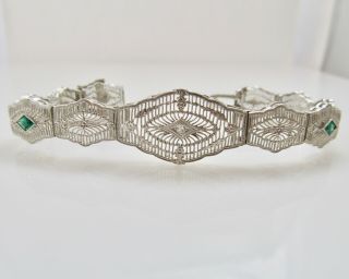 Art Deco Antique Diamond 14k White Gold Filigree Bracelet Syn Emerald Vintage