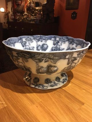 Rare Antique Furnival Blue Peony Punch Bowl