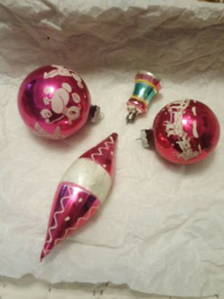 4 Vintage Blown Glass Christmas Ornaments - Pink Teardrop.  Bell.  Balls
