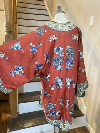 Antique Embroidered Red Silk Chinese Robe Birds Flowers 4