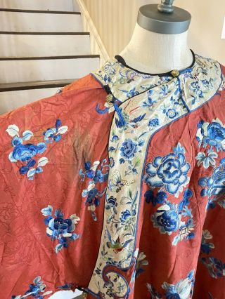 Antique Embroidered Red Silk Chinese Robe Birds Flowers 5