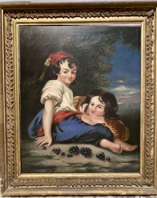 19thc Antique Oil Painting Two Italian Children Eating Grapes Outdoors Unsigned