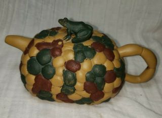 Vintage Chinese Yixing Zisha Hand Carved & Painted Frog On Rock Teapot Signed