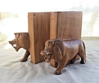 Vintage Hand Carved Wood Lion Book Ends - Africa