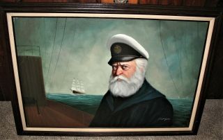 Vintage Huge Framed David Pelbam Sea Captain W Ship Oil Painting On Canvas