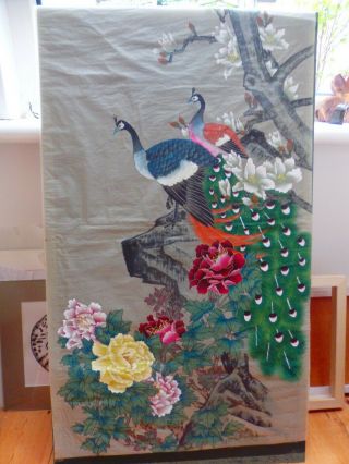 Vintage Chinese Peacock Painting On Silk Paper Panel