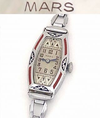 Vintage 1920s Art Deco Mars Ladies Swiss Mechanical Wristwatch Enamel Inlay Rare