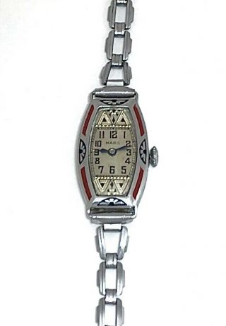 Vintage 1920s Art Deco MARS Ladies Swiss Mechanical Wristwatch Enamel Inlay Rare 2