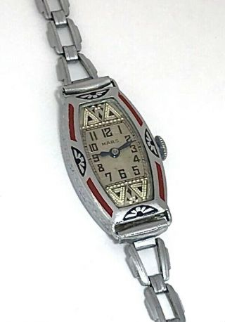 Vintage 1920s Art Deco MARS Ladies Swiss Mechanical Wristwatch Enamel Inlay Rare 3