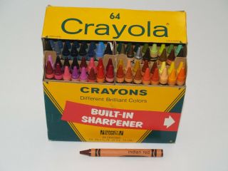 Vintage Box Of 64 Crayola Crayons W/ Sharpener & Indian Red
