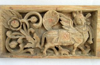 Antique Old Hand Carving Wood Hindu Goddess Kamdhenu Cow Figure Wall Door Panel