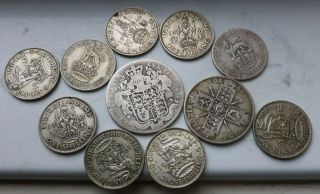 11 X Vintage Silver British Silver Coins Inc Sterling Silver Half Crown