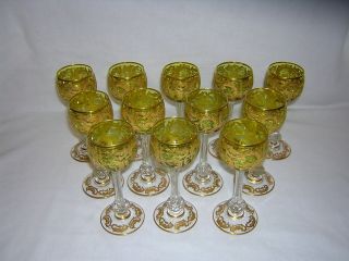 Antique Saint Louis Crystal Set Of 12 Chartreuse Heavy Gold Wine Hock Glasses