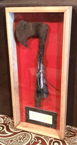 Vintage Antique Early Native Americans Metal Head Tomahawk Weapon Shadowbox Case