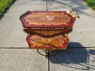 French Rosewood And Brass Bar Tea Cart Marquetry Inlaid Wood Serving Drop Leaf