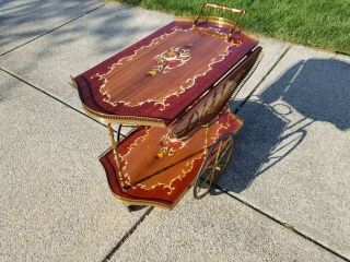 French Rosewood and Brass Bar Tea Cart Marquetry Inlaid Wood Serving Drop Leaf 2
