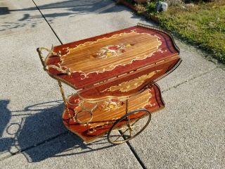 French Rosewood and Brass Bar Tea Cart Marquetry Inlaid Wood Serving Drop Leaf 3