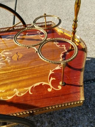 French Rosewood and Brass Bar Tea Cart Marquetry Inlaid Wood Serving Drop Leaf 6