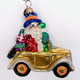 Christopher Radko Santa With Presents Gold Car Christmas Glass Ornament Vintage