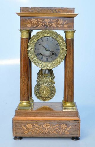 Antique French Empire Column Clock Portico Marquetry Gilt Signed On Dial