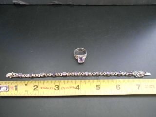 Vintage Sterling Silver Bracelet With Amethyst Stones And Diamonds & Ring Size 7