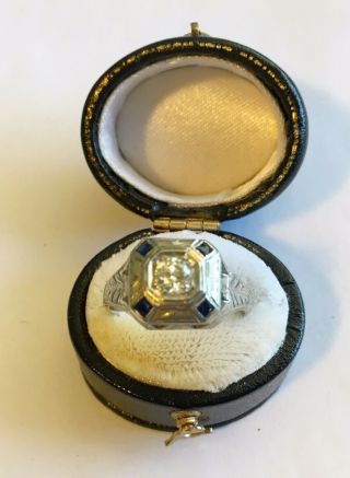 Antique Art Deco 18k White Gold Ring With Diamond & Blue Stones