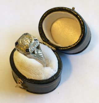 Antique Art Deco 18k White Gold Ring With Diamond & Blue Stones 2
