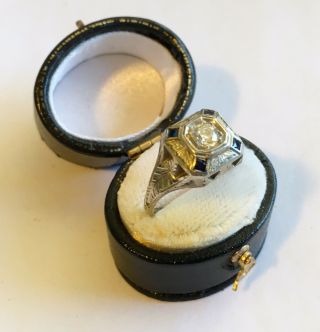 Antique Art Deco 18k White Gold Ring With Diamond & Blue Stones 3