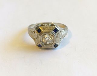 Antique Art Deco 18k White Gold Ring With Diamond & Blue Stones 5