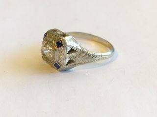 Antique Art Deco 18k White Gold Ring With Diamond & Blue Stones 6