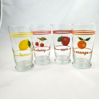 Vintage Libby Juice Glasses With Fruit Apple,  Orange,  Cherry,  Lemon Set Of 4