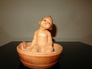 Vintage Bath Toy Rubber Vinyl Baby Boy In Barrel No Squeak 50s Or 