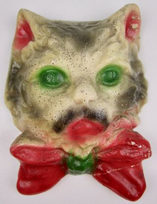 Vintage Early American Chalkware Cat Figurine Carnival Prize Red Bow Green Eyes