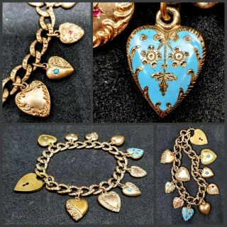 Antique Victorian Heart Charms Bracelet Solid Gold & Filled Estate Blue Enamel