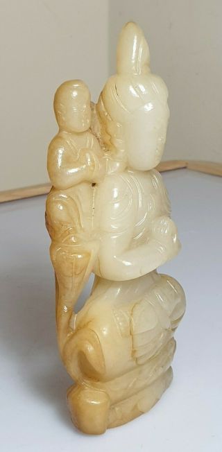 A Qing Dynasty Yellow / White Jade Carving Of Guanyin & Attendant In Prayer. 3