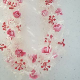 Vintage Mid Century Christmas Garland Plastic Roses Holly Leaves Glitter