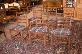 Set Of 6 Vintage Upholstered Ladder Back Mahogany Dining Room Side & Arm Chairs